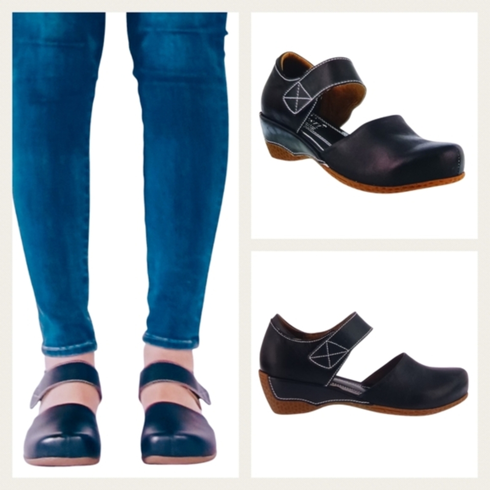 Spring Step Black Flats with Brown Sole